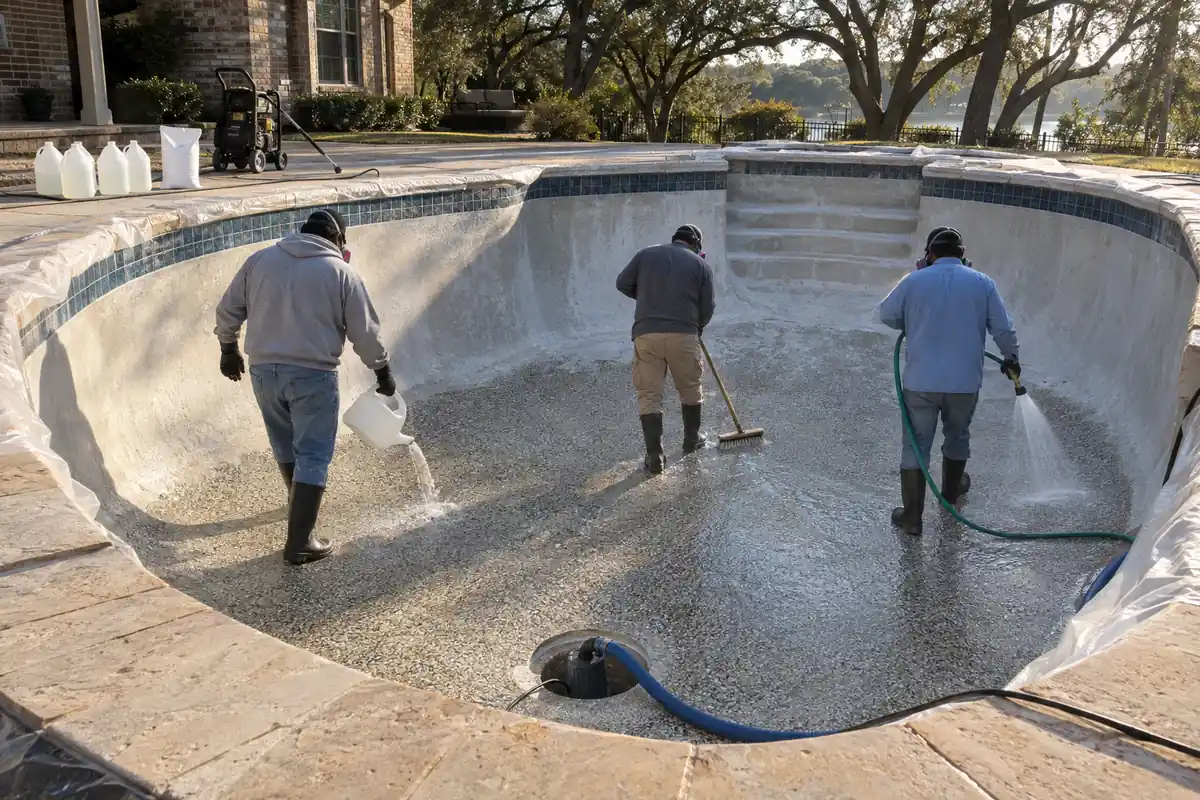 Three-man crew acid washing a fresh pebble finish in an empty pool, one pouring diluted acid from a jug, one brooming, one rinsing with a hose