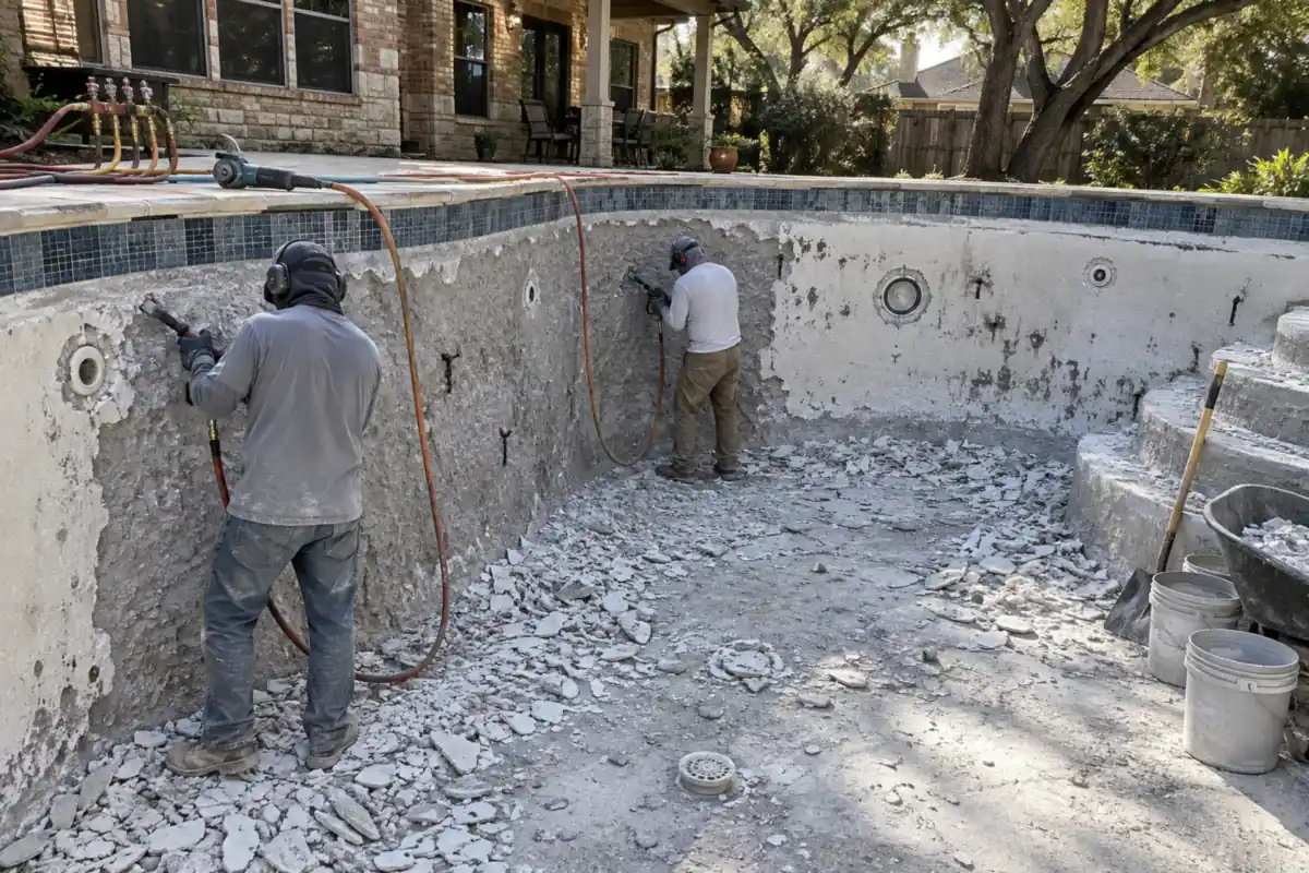 Workers with pneumatic chipping pistols stripping old plaster to the gunite, with an undercut channel below the waterline tile