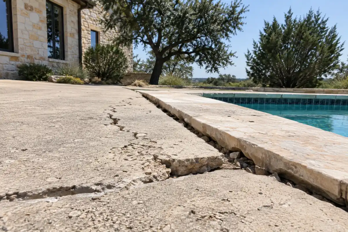 Cracked and settled concrete pool deck with an open gap at the limestone coping joint