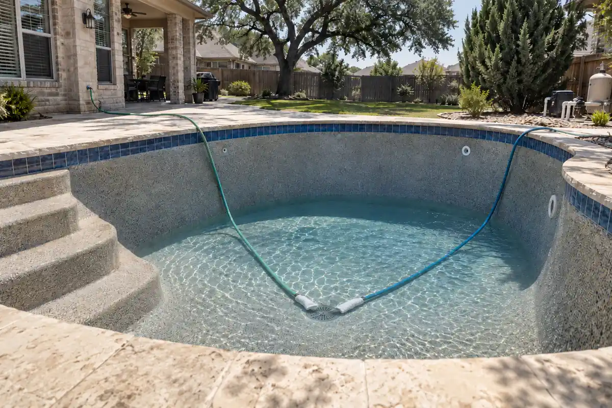 Cloth-wrapped garden hose filling a freshly resurfaced pool from the deep end with two feet of water over the drain