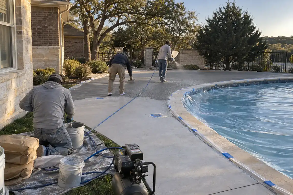 Crew spraying a knockdown texture coat from a hopper gun onto a taped-off concrete pool deck beside a plastic-covered pool