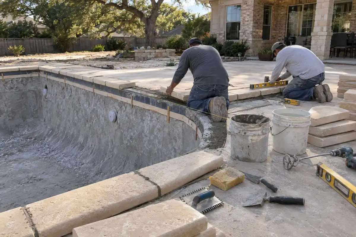 Two workers bedding new limestone bullnose coping in mortar along the rim of an empty chipped-out pool with a form board and string line set