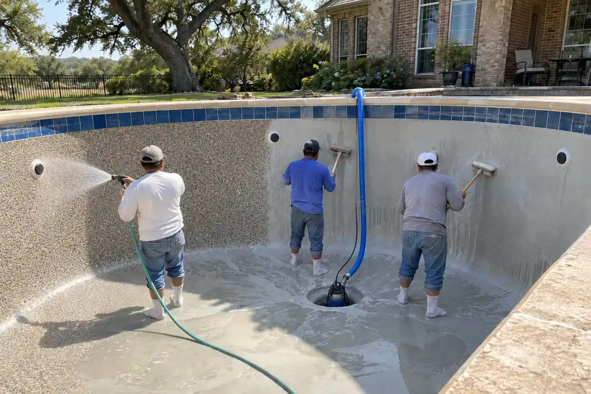 Crew washing cement paste off a fresh pebble finish with a garden hose and push brooms in an empty pool