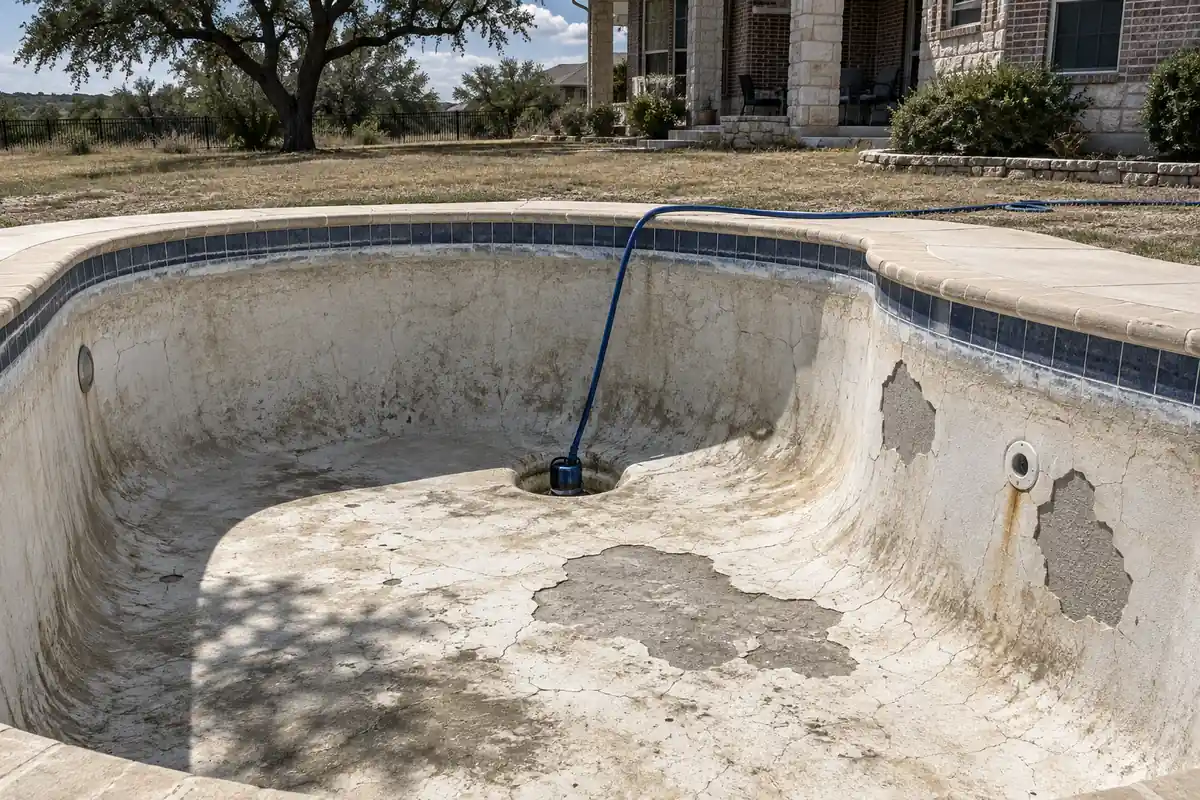 Drained pool with old plaster popped off to bare gunite beside a return fitting, craze cracks, a rust run and a calcium line