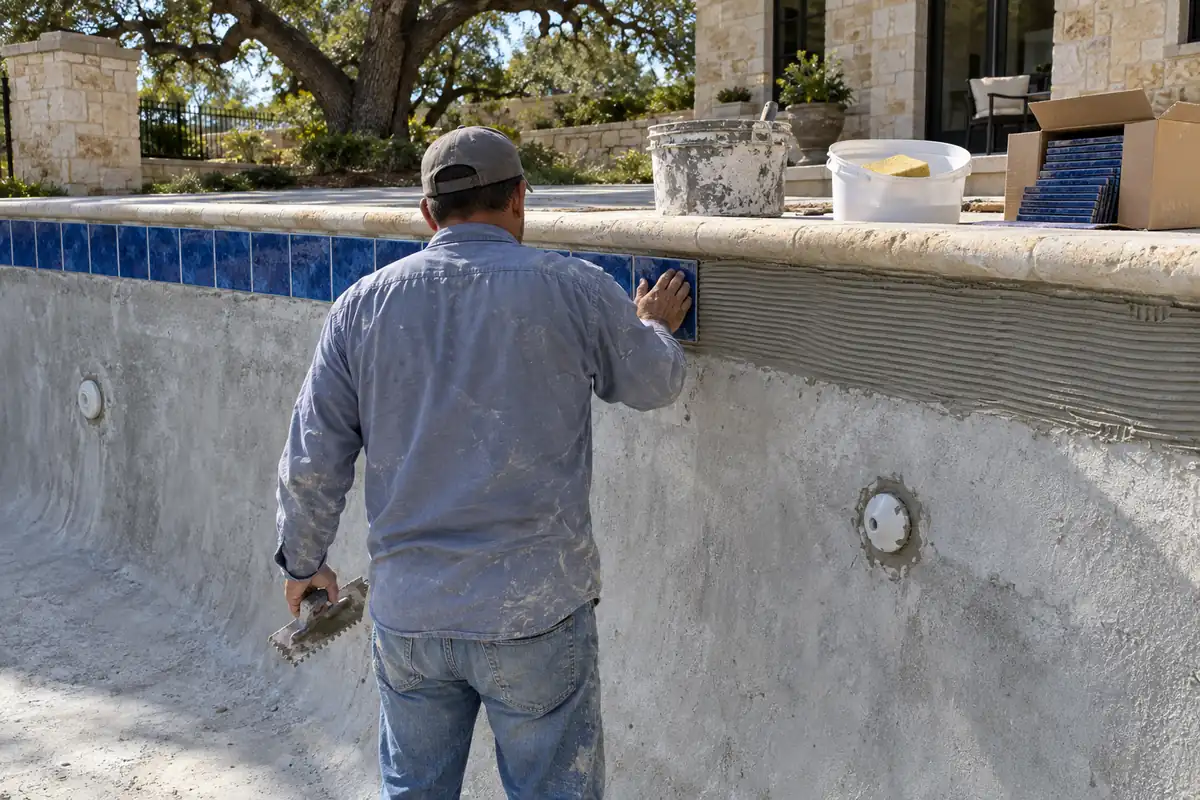 Tile setter spreading thinset with a notched trowel and setting 6x6 waterline tile below limestone coping in a drained pool